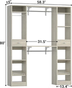 Unikito 58" W - 90" W Closet System, Large Walk in Closet Organizer with 3 Hanging Rods and Shelves, Heavy Duty Wood Closet Wardrobe with 2 Drawers and Shoe Rack, Reversible Clothing Rack, White Oak