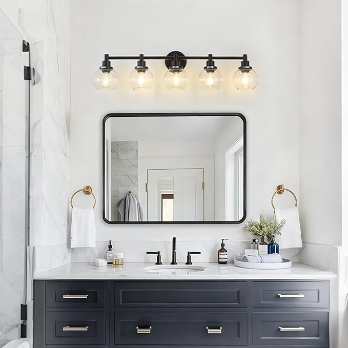 5-Light Bathroom Light Fixture Black Vanity Lights Over Mirror Modern Wall Sconce Farmhouse Vintage Bathroom Vanity Lighting with Glass Shade for Bedroom Hallway Cabinet Bathroom