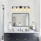 5-Light Bathroom Light Fixture Black Vanity Lights Over Mirror Modern Wall Sconce Farmhouse Vintage Bathroom Vanity Lighting with Glass Shade for Bedroom Hallway Cabinet Bathroom