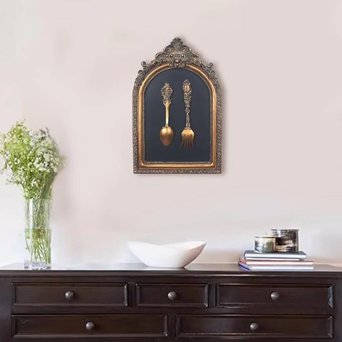 S-MANTIS Vintage Wall Sculpture,Antique Pediment,Hallway Wall Art, Hand Painted Wall Decoration With Embossed Intricate Spoon and Fork Design, Arched Aesthetic Room Décor, Gallery, Unique Gift