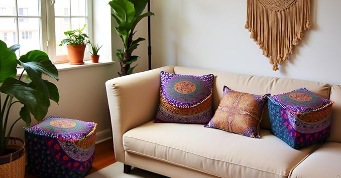 CRAFT KALA Mandala Meditation Floor Pillows Square Pillow Cover Seating Decorative Adults Bohemian Floor Cushion Cover Outdoor Living Room Throw Ottoman Poufs Cover 18X18X14 inches, Multi Six Color
