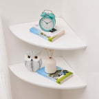 Corner Shelves, Floating Corner Shelf, Set of 2 Solid Oak Wood Wall Shelves, Round End Wall Mount with Wire Hole Shelving for Small Plant for Bedroom Kitchen, Living Room White