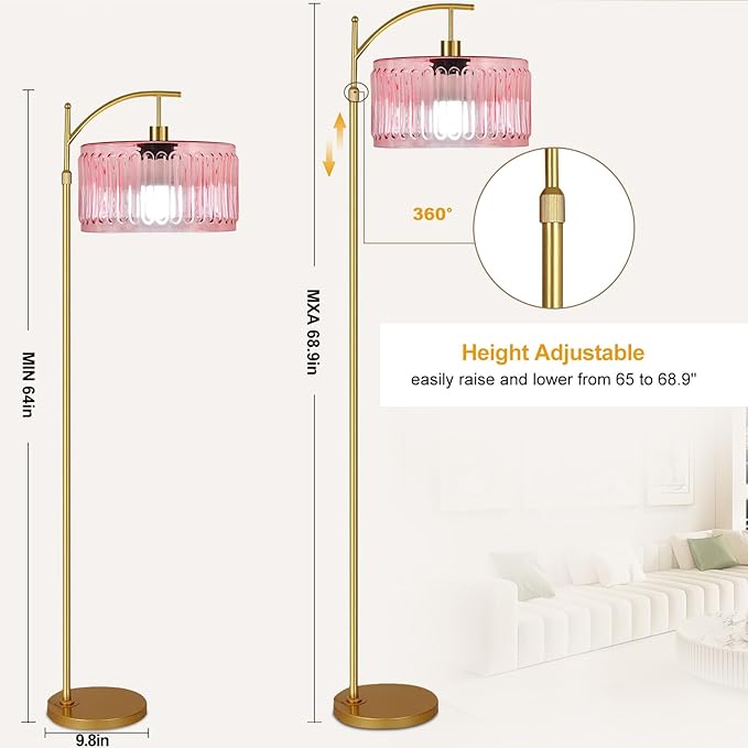 Pink Floor Lamp for Living Room,Bedroom,Gold Dimmable Standing Lamp with Remote,Mid Century Modern Brass Tall Lamp Boho Floor Lamps Arc Stained Glass Flower Floor Light Lamp Girls kids Bohemian
