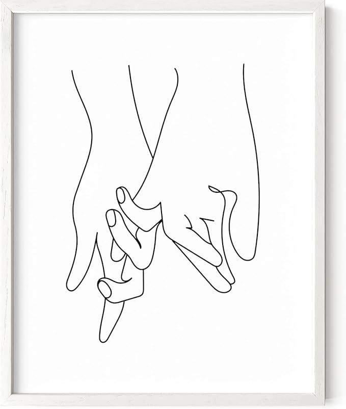Holding Hands Wall Art Interlocking Fingers Continuous Line Drawing Love Connection 11x14 Inch Oak Wood White Framed Modern Romance Print for Bedroom