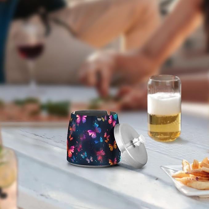 Butterflies Colorful Black Ashtray with Lid, Outdoor Ashtrays for Patio, Stainless Steel Ashtray Odorless Smokeless for Home Office Balcony