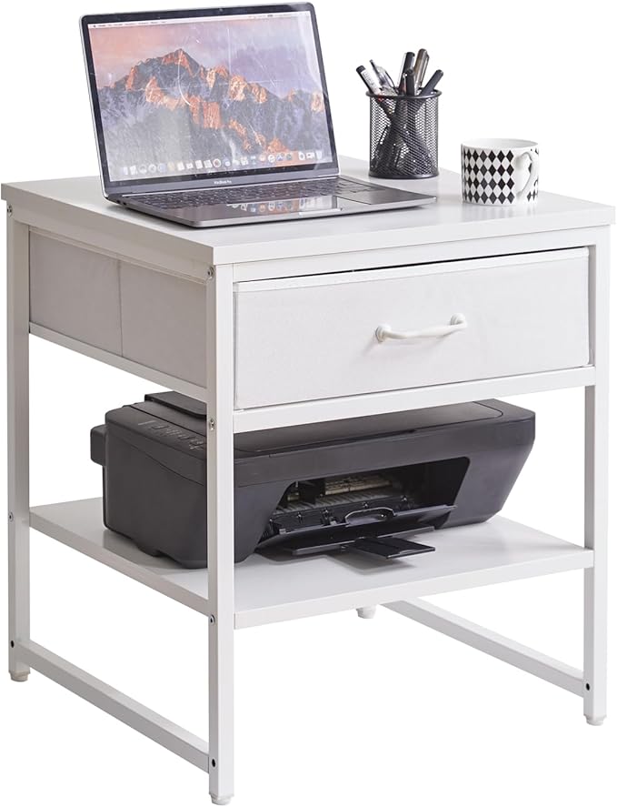 Living Room Large Side Table, End Table with Drawers, Refrigerator Stand Printer Table with Adjustable Shelves, Office Square Coffee Table White YD-TM156W
