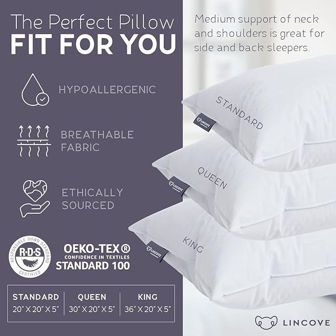 Lincove Down and Feather Luxury Hotel Collection Bed Pillows for Sleeping Made in The USA - 100% Cotton Shell, 600 Thread Count - Soft Hypoallergenic (King Size, Pack of 2)