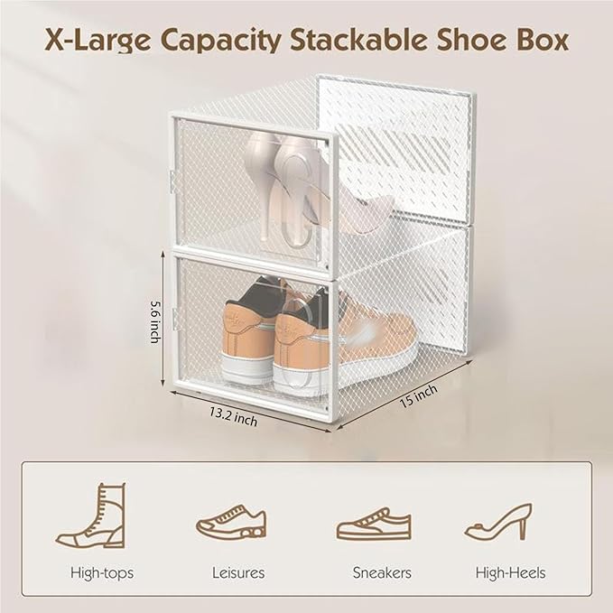 12 Packs Clear Plastic Shoebox With Magnetic Door, X-Large(15"× 13.2" × 5.6") Stackable Shoe Box Storage With Lids, Multifunctional Sneaker Containers, Toy Storage, Space-Saving Shoe Rack White
