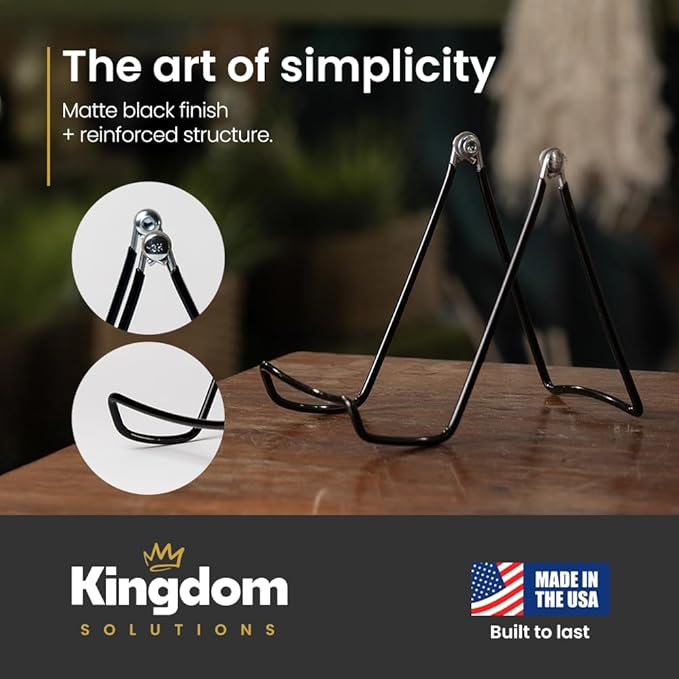 KINGDOM SOLUTIONS MADE IN USA 2-Pack Adjustable Black Metal Easels - Book Stand - Sturdy Plate Stand for Art, Pictures, Books, Frames - Unique on the Market