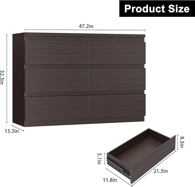Modern 6 Drawer Dresser - Simply Chest of Drawers for Bedroom, Closet, Living Room, Hallway, Entryway, Wood Storage Double Dresser with Smooth Metal Rails - Retro Brown
