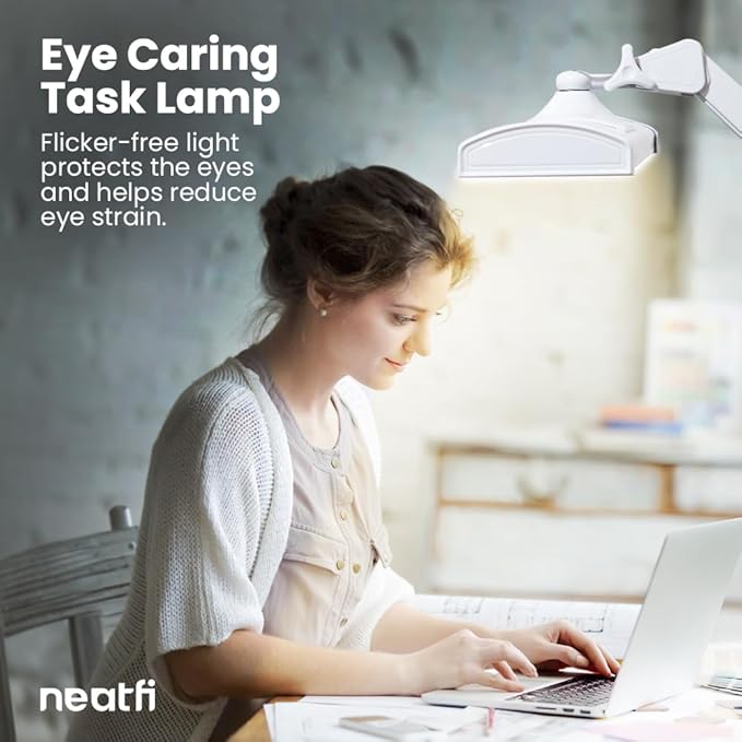Neatfi LED Desk Lamp, 3,500 Lumens, 3 Light Modes, Dimmable, 45W, 26” Wide Shade, 540 SMD LEDs, Eye-Caring Task Lamp for Reading, Crafting, Workbench, Office (CCT with Clamp, White)