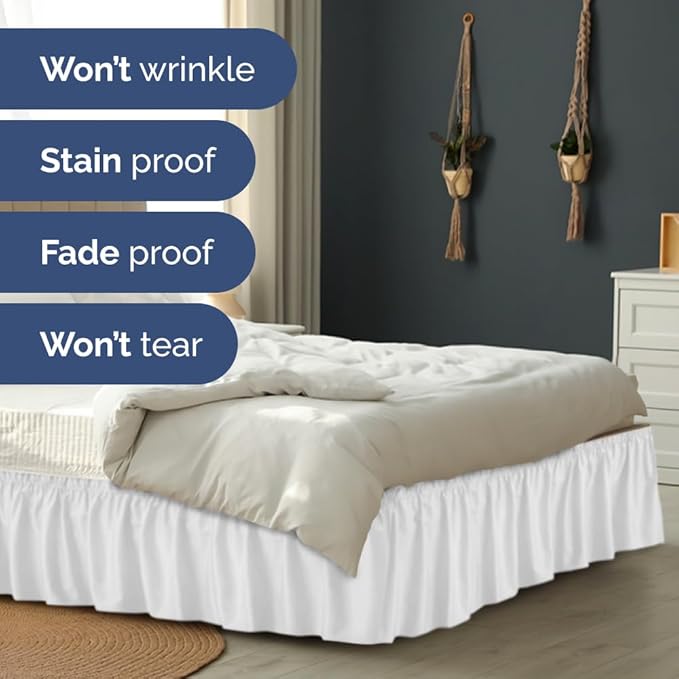 Wrap Around Dust Ruffle Bed Skirt - White - for Queen Size Beds with 24 Inch Drop - Easy Fit Elastic Strap - Adjustable Pleated Bedskirt w/Brushed Fabric - Wrinkle Free - for Women, Men, Kids & Teens