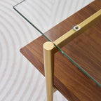Rectangle Coffee Table, Mid-Century Modern Design, L41 W21 x H17, for Living Room, 2-Tier Structure, Clear Glass Top and Walnut MDF Shelf, Sleek Conical Metal Legs with Gold Finish