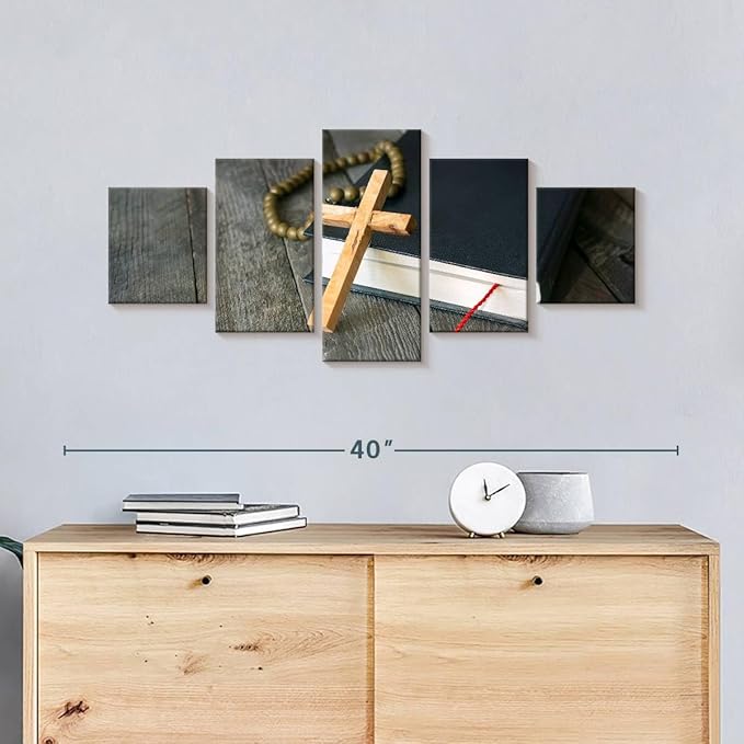 Elephant Stock Cross Canvas - 5 Panel Christian Pictures Decor - Canvas Print Wall Decor - Christian Cross Wall Art - 36" X 15"