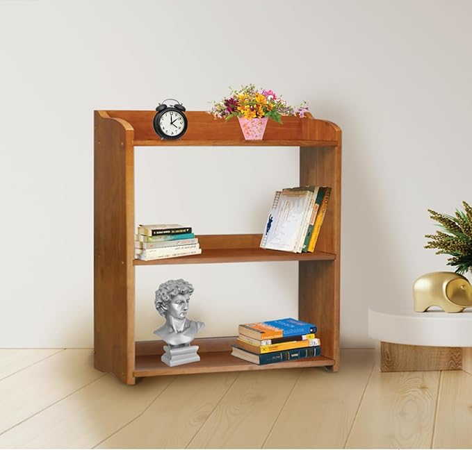 Pink Bookcase by Natural Wood, 4 Tier Bookshelf, Small Book Shelves Freestanding Display Storage Shelves. Open Bookshelf for Bedroom, Living Room and Office (Brown, 3 Tier Simple)