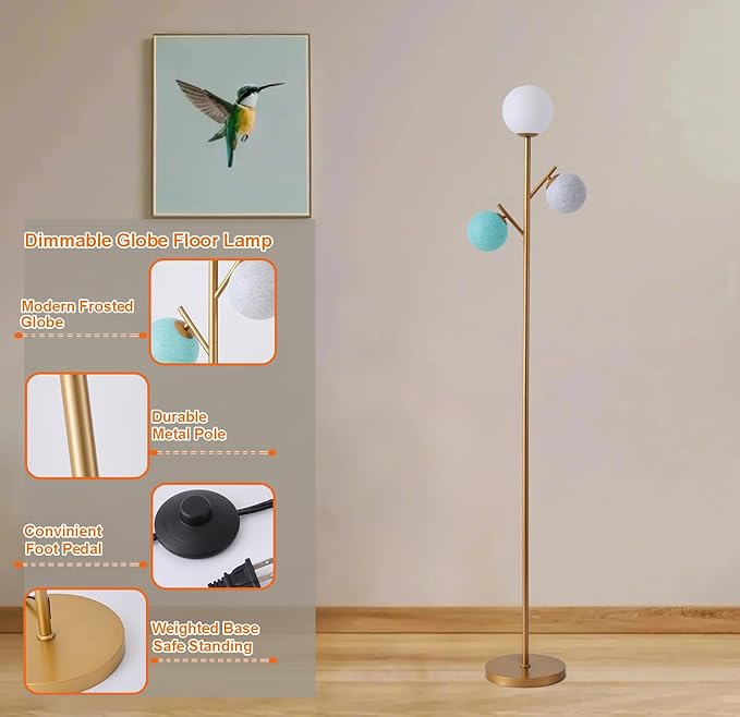 Fiqevs Contemporary 3 Head Gold Globe Floor Lamp with 3 Multicolored Sphere Shades and Bulbs Included, Standing Tree Lamp for Kids Bedroom Playroom Living Room Office