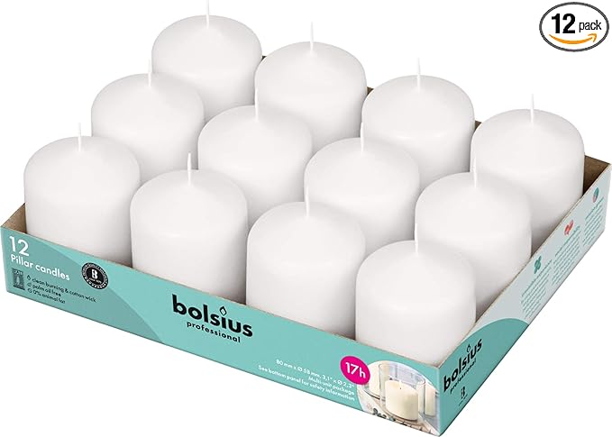 BOLSIUS 12 White Pillar Candles Bulk - 2.3 x 3 inch Candle Set - 17 Hours Clean Burning - No Palm Oil - 0% Animal Fat - Premium European Quality - Wedding, Party, Dinner & Emergency Candles