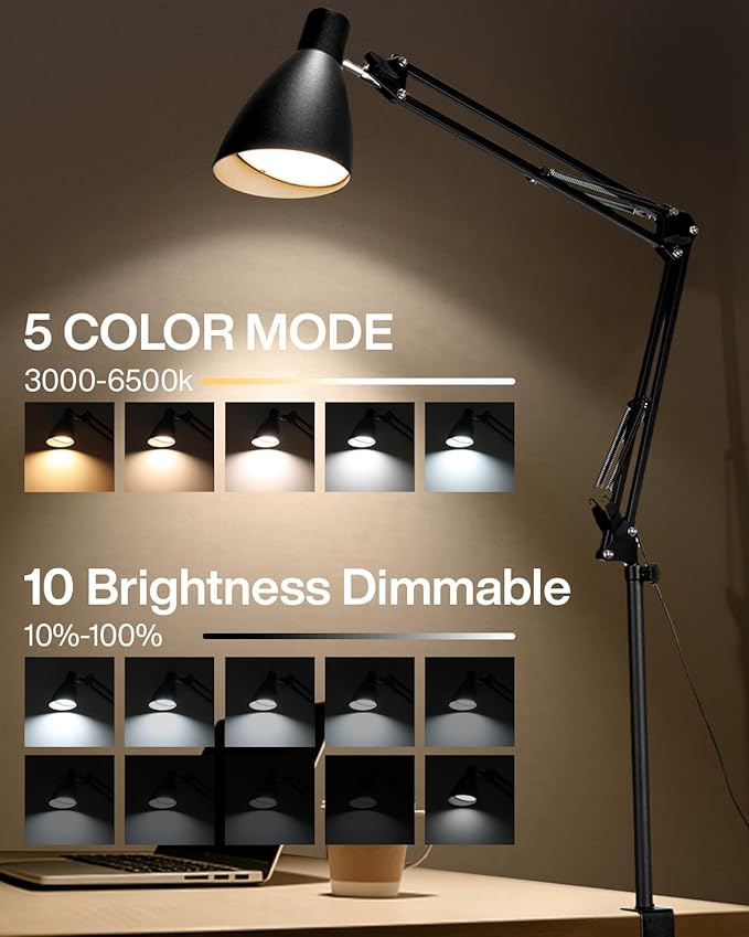 Metal LED Desk Lamp for Home Office, Extra Tall Swing Arm Architect Desk Lamp with Clamp, 5 Color Modes 10 Brightness Task Lamps, Adjustable Gooseneck Clip-on Table Light for Reading Home Work Study