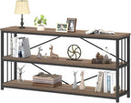 IBF Industrial 3 Tier Bookshelf, Rustic Low Wood and Metal Book Shelf, Farmhouse Long Wide Open Horizontal Bookcase, Modern Large Vintage Etagere for Home Office Bedroom Living Room, Rustic Oak, 63 In