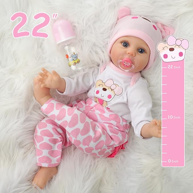 Reborn Baby Dolls Girl 22 Inch Realistic Silicone Baby Doll, Real Life Bebe Dolls Lifelike Handmade Soft Vinyl Cloth Body with Feeding Kit Toys Gifts for Kids 3+ (Lucia)