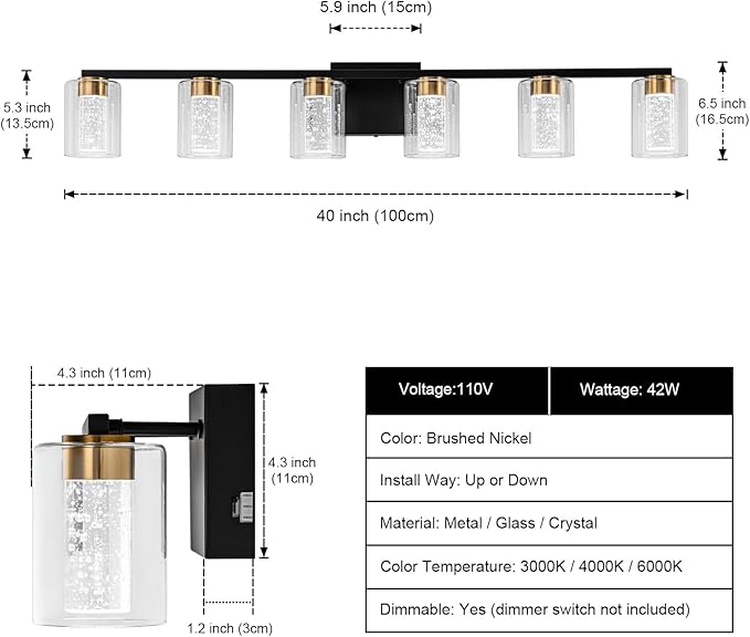 SineRise 6-Light Black and Gold Vanity Light with 3 Color Modes (3000K/4000K/6000K), Eye Protection LED Bathroom Light Fixture, Dimmable Modern Wall Light Over Mirror with Clear Glass Shade