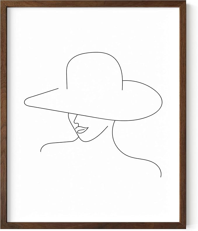 Elegant Woman in Hat Wall Art Minimalist Feminine Profile Continuous Line Drawing 16x20 Inch Oak Wood Walnut Framed Chic Fashion Print for Vanity Bedroom
