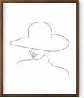 Elegant Woman in Hat Wall Art Minimalist Feminine Profile Continuous Line Drawing 16x20 Inch Oak Wood Walnut Framed Chic Fashion Print for Vanity Bedroom