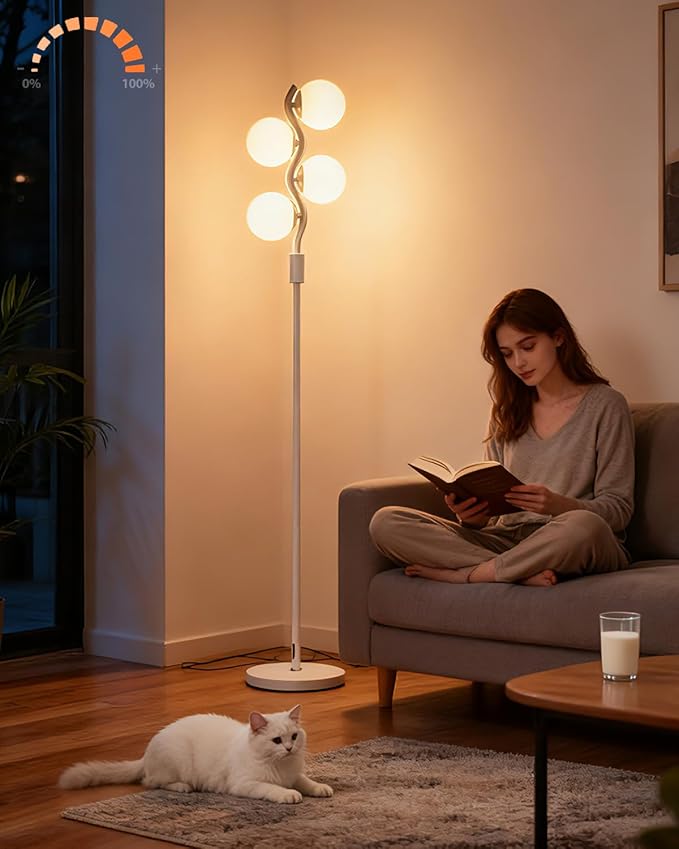 White Globe Floor Lamp Dimmable Tall Standing Lamps with Soft Warm White 3000K Bulbs, Mid Century Modern Floor Lamp for Living Room Bedroom Home Decor