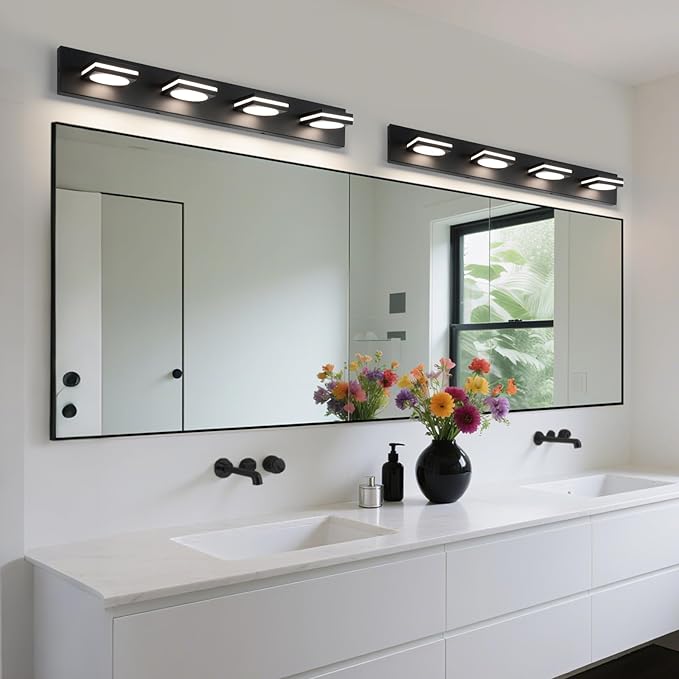 OKELI 4-Light LED Bathroom Vanity Light Fixtures, Matte Black Modern Bathroom Wall Lighting Fixtures Over Mirror (3CCT, 3000K-6000K)