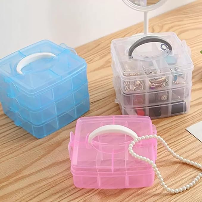 3-Tier Hair Accessories Storage Box, Clear Plastic Organizer with Handle, 5.9 x 5.9 x 5.1 in (Pink, 5.9 x 5.9 x 5.1 in)