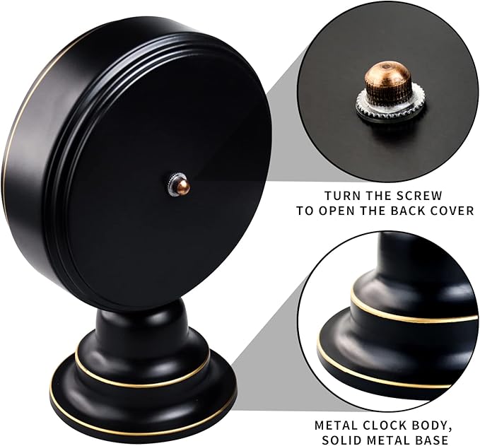 Mid Century Modern Desk Clock - Vintage Tabletop Metal Clock for Bedroom, Kitchen, Office, Living Room - Silent Decor - Battery Operated - Black