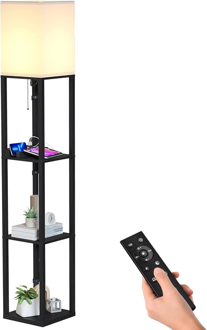 SUNMORY Shelf Lamp with Remote Control, Stepless Color Temperature & Dimmable, Floor Lamp with Shelves with 2 Usb Charging Ports and 2-Hole Socket, Solid Wood Tall Lamps for Living Room, Bedroom，Black