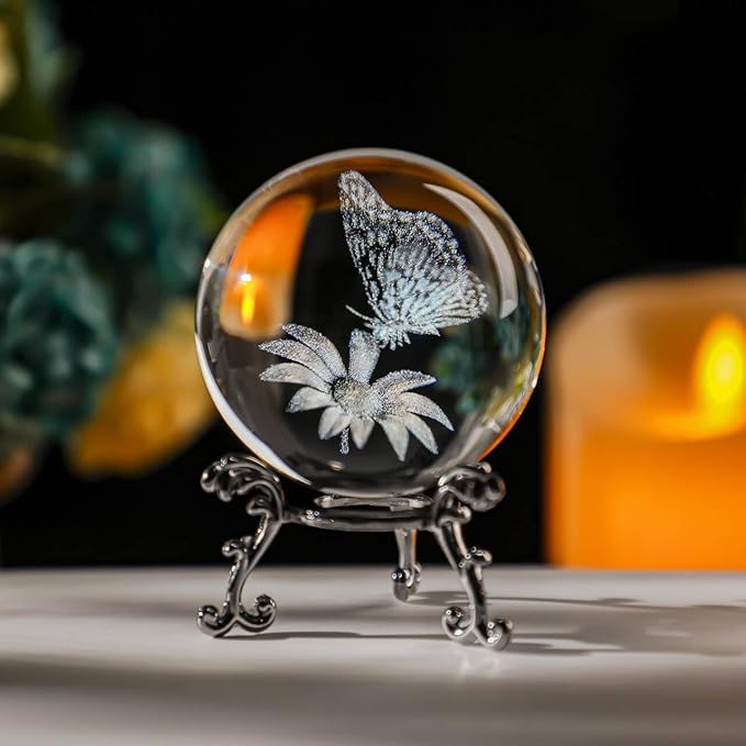HDCRYSTALGIFTS 60mm Butterfly Crystal Ball Paperweight,3D Laser Engraved Butterfly on Sunflower in Glass Ball with Stand Decorative Glass Sphere Home Decor Gifts for Women Girls