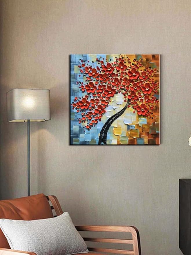 YaSheng Art - contemporary artwork handmade Oil Painting On Canvas Red Flowers Paintings Modern Home art wall decor Abstract Art picture Canvas Art Ready to hang 30x30inch