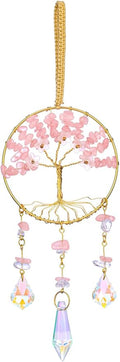 CrystalTears Rose Quartz Crystal Tree Life Hanging Ornament for Wall Window Home Room Decor, Pink Feng Shui Healing Crystals Gemstone Glass Suncatcher Car Ornament, Crystal Gifts for Women Christmas