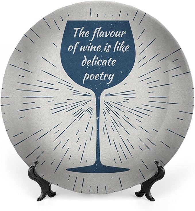 Ceramic Display Plate, Wine Ceramic Hanging Decorative Plate, Wine Glass and Vintage Sun Burst Frame, 10 Inch, Household Custom Ceramic Plate, Night Blue White