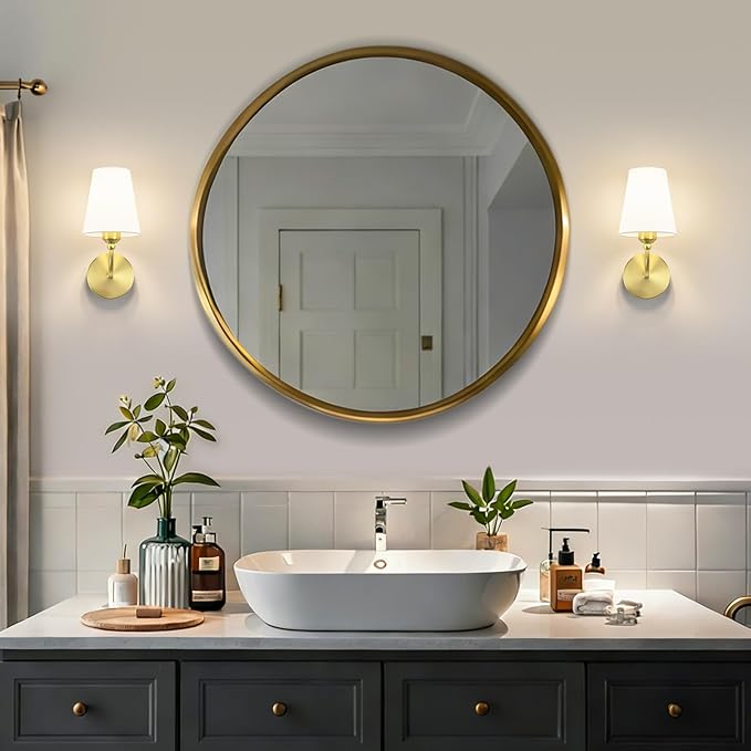 Modern Wall Sconces Set of 2, Hardwired Wall Lights with Flared White Fabric Shade, Brushed Gold Wall Lamps for Bedroom Bedside Stairway Bathroom Living Room(ETL Listed)
