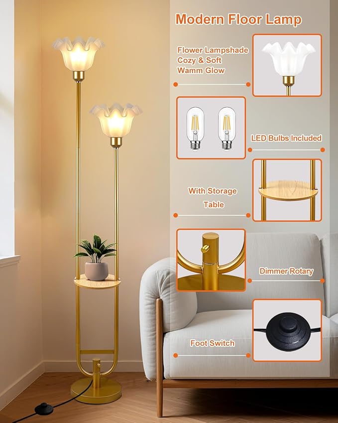 Dimmable Flower Floor Lamps with Table, 2-Lights Dimmable Floral Floor Lamp, 3000K Warmwhite Candle Holder Style Modern Floor Lamp, Rustic Gold Standing Lamp for Living Room Bedroom