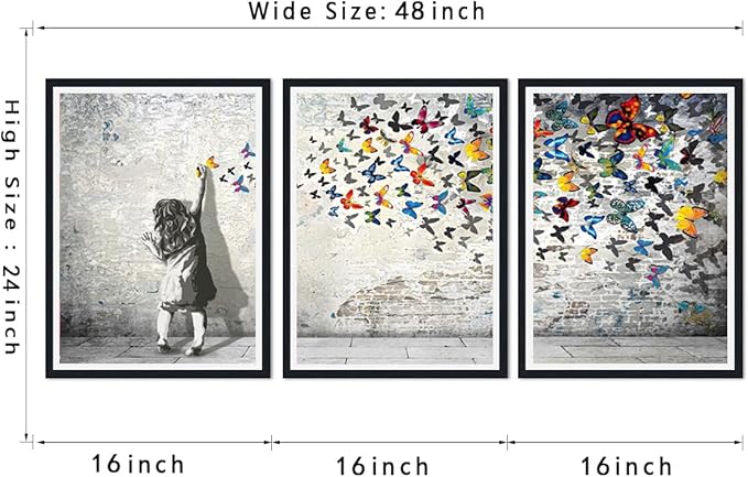 Novatique Banksy Wall Art Street Graffiti Picture Wall Decor Street Girl Graffiti Art Painting Modern Butterfly Poster for Living Room Bedroom,16" x 24" x 3pcs
