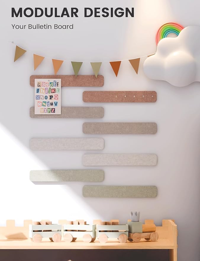 Fluxynara Cork Board Alternative Felt Strip Board 8-Pack 13"x2", Office Pin Board with 50 Push Pins, Adhesive Install for Bedroom Door & Home Office(Boho)