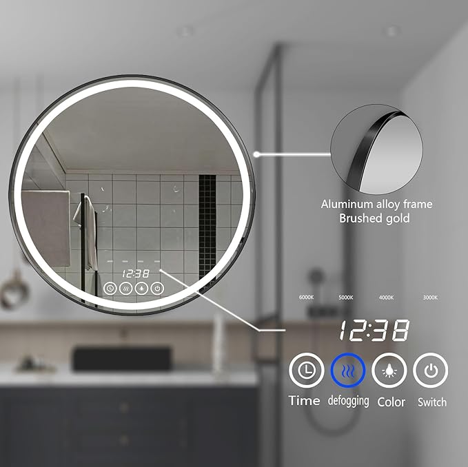 Wall-Mounted Round Bathroom Mirror with LED-Lights - 32 Inch Frame Vanity Mirrors(32" x 32", Black)