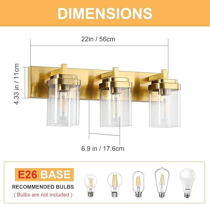 Vanity Light Fixture,3-Light Vanity Light for Bathroom,Brushed Gold Bathroom Vanity Lighting Over Mirror with Square Clear Glass Shade for Restroom