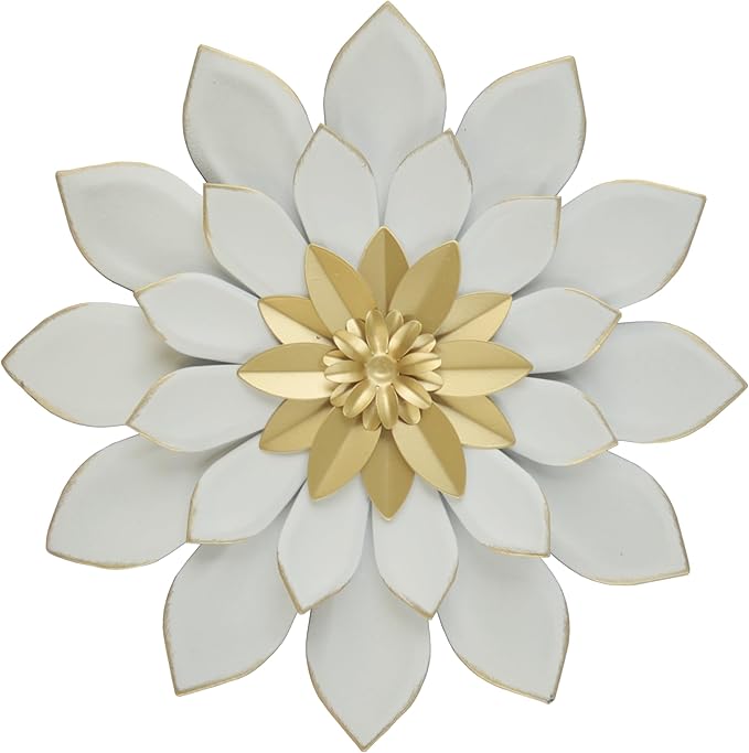 JWZSKZYZ Metal Flower Wall Decor, 9.5inch white gold Modern Iron Floral Wall Art Sculpture Farmhouse Hanging Decoration for Home Living Room, Bathroom, Kitchen, indoor, Patio Porch - （White）