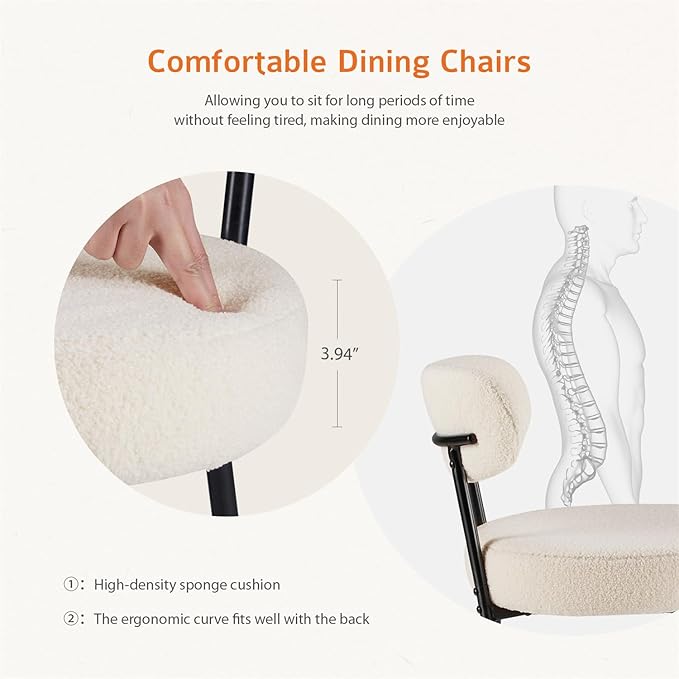 Dining Chairs Set of 2, Mid Century Modern Boucle Upholstered Kitchen Chair with Curved Backrest & Metal Legs for Home/Living Room/Bedroom/Office-White