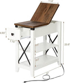 Narrow End Table with Charging Station - Farmhouse Slim Side Table, w/USB Ports Power Outlets, Nightstand w/Flip Top Storage Drawer, for Small Spaces Living Room Bedroom, Brown White