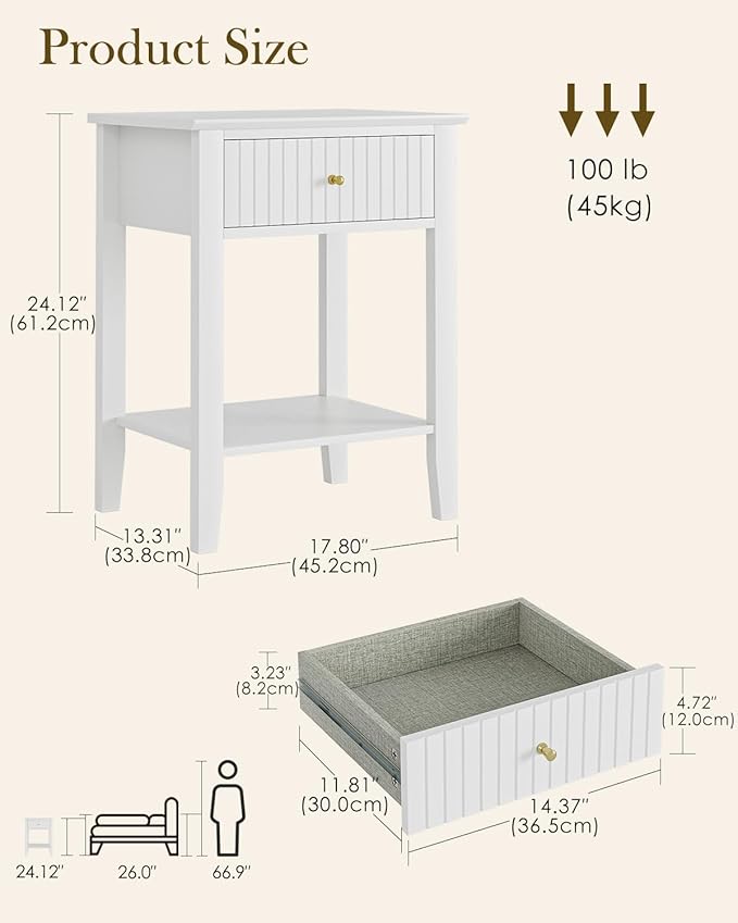 Fluted Nightstand, Farmhouse Night Stand with 1 Drawers, Mid Century Modern Side Accent Table,Bedside End Table for Bedroom, Living Room, White