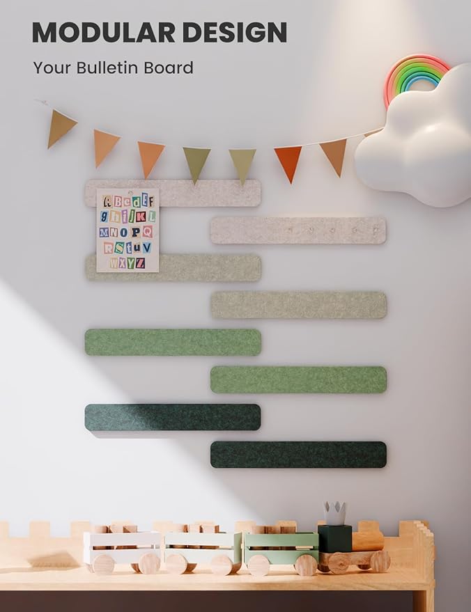 Cork Board Alternative Felt Strip Board 8-Pack 13"x2", Office Pin Board with 50 Push Pins, Adhesive Install for Bedroom Door & Home Office(Sagewood)