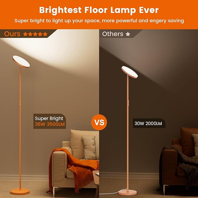 Floor Lamp,Bright 36W 3500LM Standing Lamp with Remote, 2700K Soft White to 6500K Cool White Adjustable,Touch Control Dimmable Torchiere Tall Light for Living Room,Bedroom,Office,Sofa(Orange)