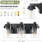 3 Light Bathroom Vanity Light, Matte Black Bathroom Light Fixtures with Clear Glass Shade, Vanity Light Fixtures Over Mirror for Bedroom Living Room,E26