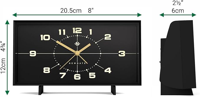 NEWGATE® Wideboy Alarm Clock | Rectangular Retro Design | Black | Mid Century dial | Ideal for Bedside, Desk, Mantel or Shelf | Retro Bedroom & Office Accessory